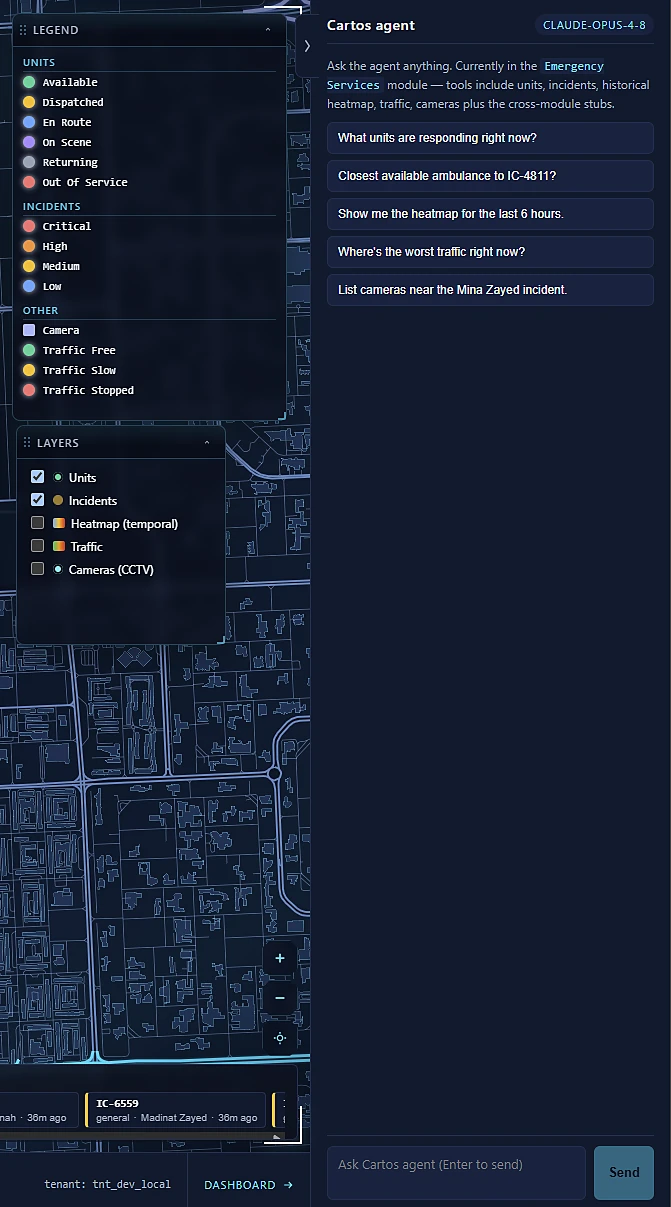 The Cartos agent panel docked beside the map, answering operational questions in natural language and offering suggested prompts.