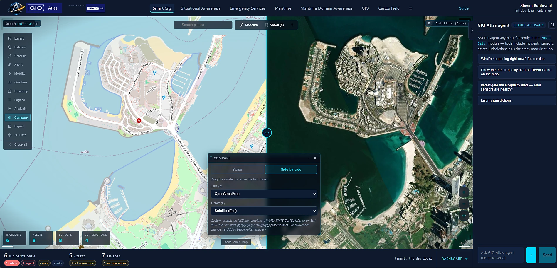 The Compare tool in side-by-side mode: two camera-synced map panes, each showing a different layer, split by a draggable divider.