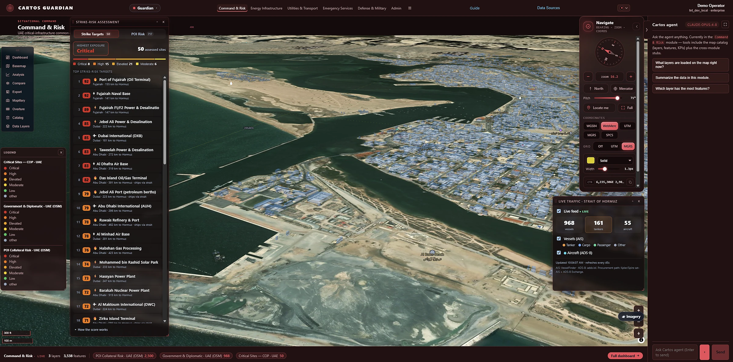 Cartos Guardian — the 3D common operating picture over Abu Dhabi with the live traffic panel counting 968 vessels, 161 tankers and 55 aircraft in the Strait of Hormuz, refreshing every 45 seconds.