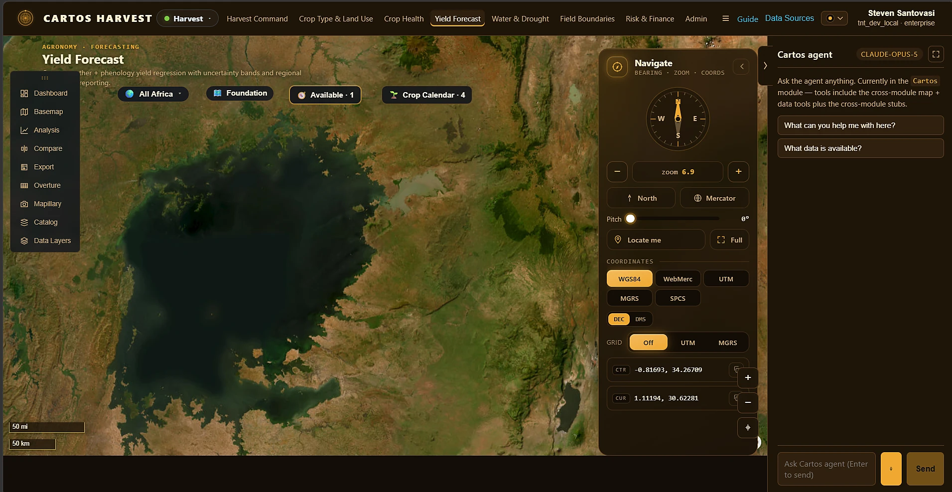 Cartos Harvest — Yield Forecast over the Lake Victoria basin, a weather-plus-phenology yield regression with uncertainty bands and regional reporting.
