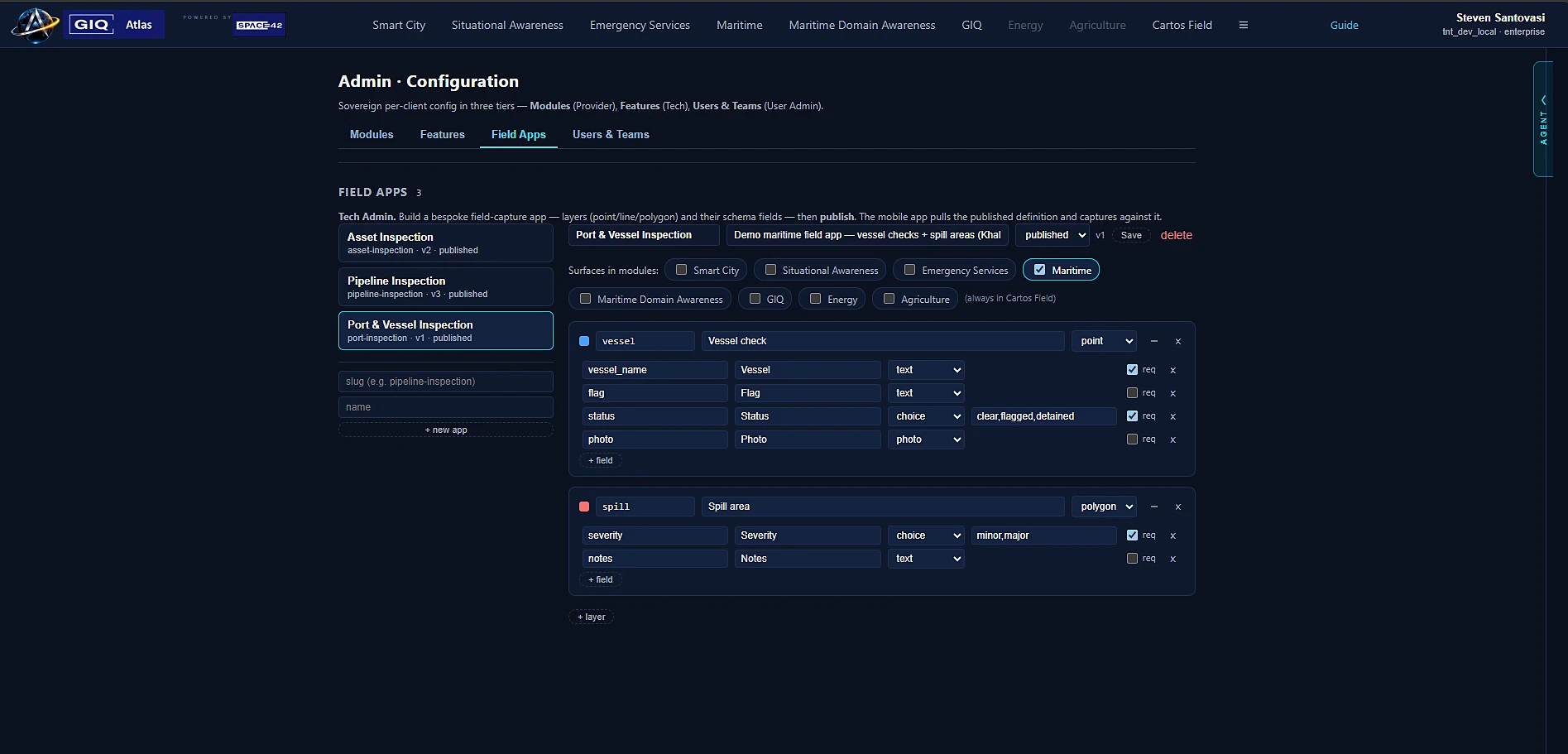 The Field Apps builder showing the 'Surfaces in modules' assignment, choosing which modules captured field data appears in.
