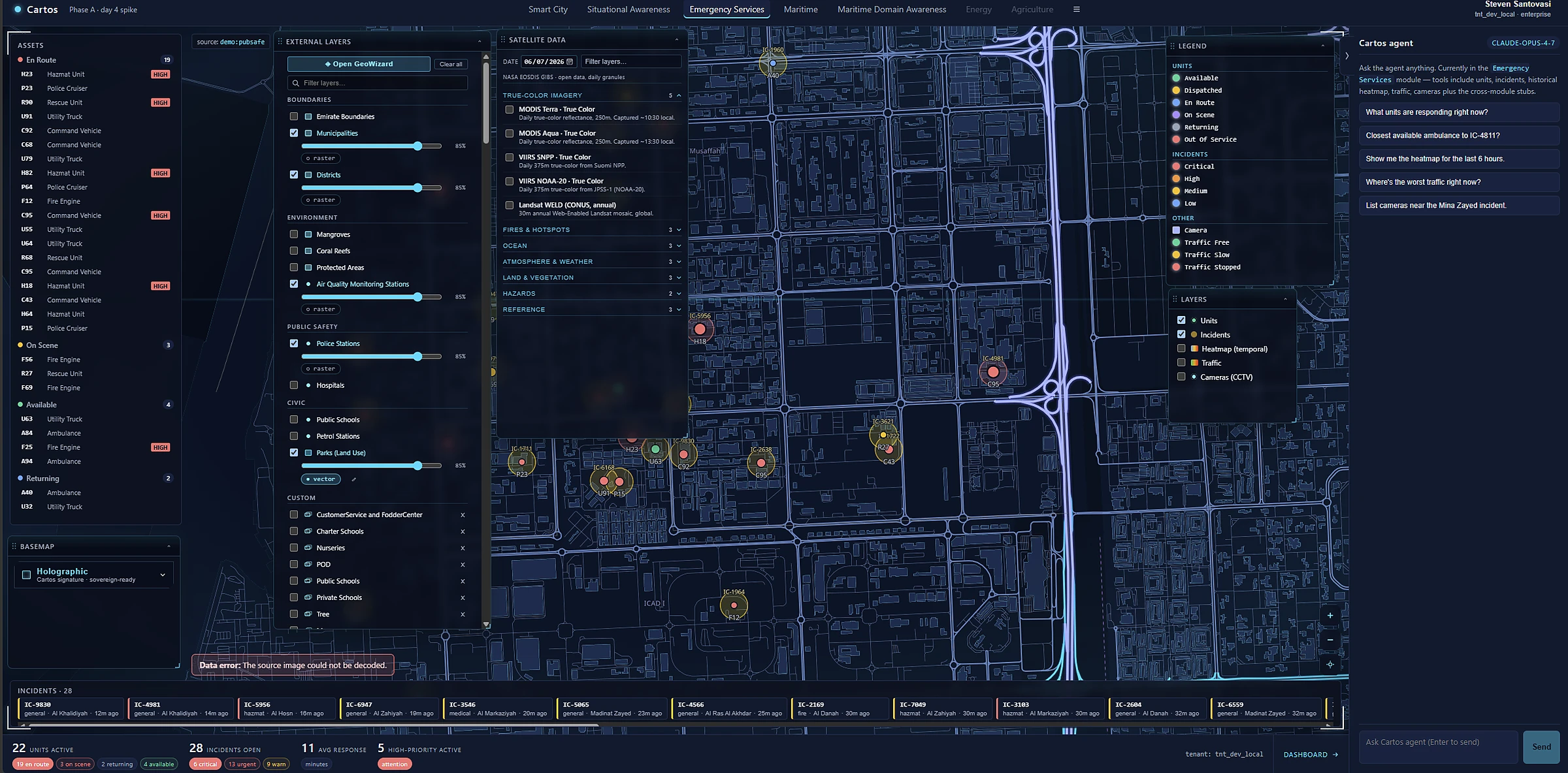The Cartos workspace: a live city operations map with incident markers, a layer catalog, an incident feed, and the Cartos AI agent — all on one screen.